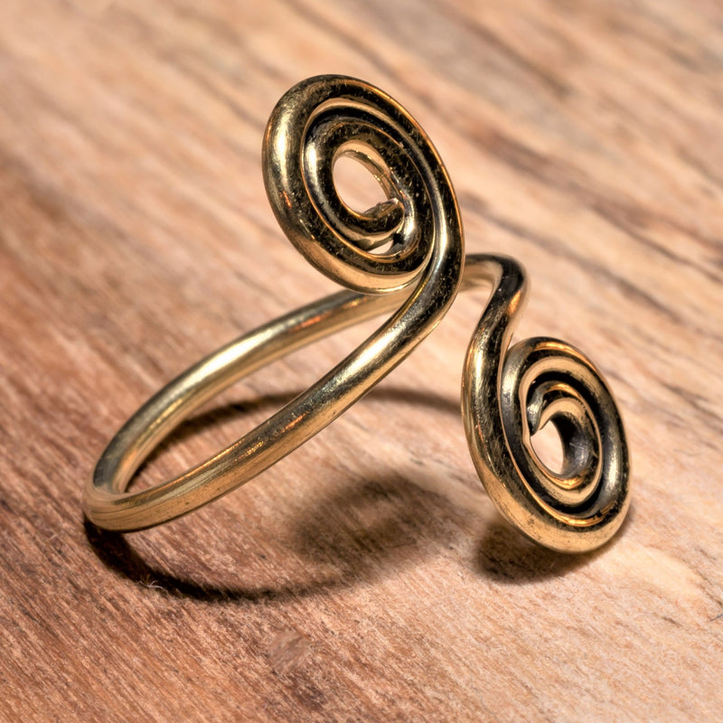 A nickel free pure brass, double spiral open wrap ring designed by OMishka.