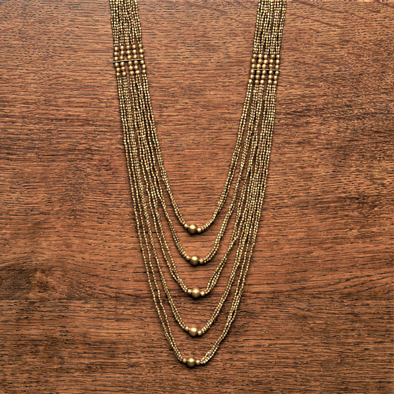 Handmade pure brass, tiny cube and round beaded, chunky, layered multi strand necklace designed by OMishka.