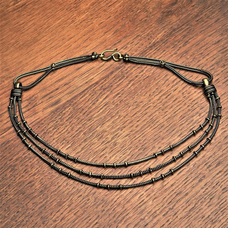 Handmade and nickel free pure brass, three row, subtle beaded, adjustable snake chain necklace designed by OMishka.