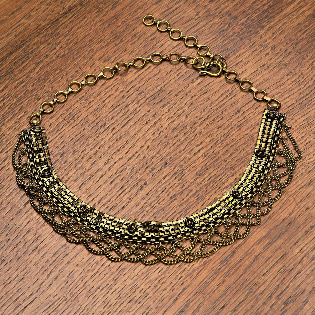 Handmade nickel free pure brass, overlapping single chain drop, adjustable chainmail necklace designed by OMishka.