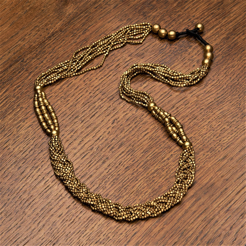 Handmade nickel free pure brass, tiny cube beaded, woven multi strand necklace designed by OMishka.