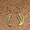 Handmade nickel free pure brass, filigree mango motif, dainty leaf drop earrings designed by OMishka.