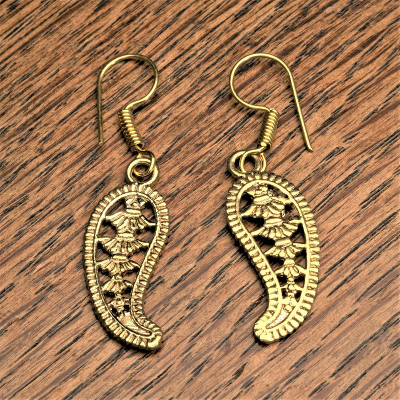 Handmade nickel free pure brass, filigree mango motif, dainty leaf drop earrings designed by OMishka.