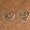 Handmade nickel free pure brass, dainty swirl patterned, spiral threader hoop earrings designed by OMishka.