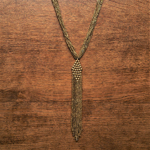 Handmade nickel free pure brass, beaded diamond shaped, long drop multi strand necklace designed by OMishka.
