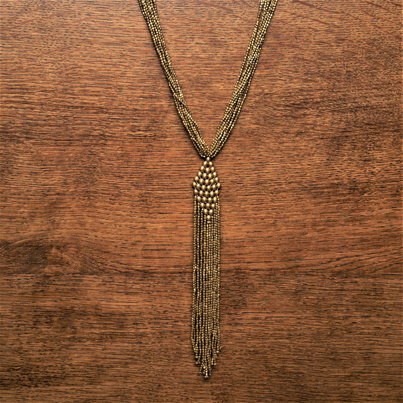 Handmade nickel free pure brass, beaded diamond shaped, long drop multi strand necklace designed by OMishka.