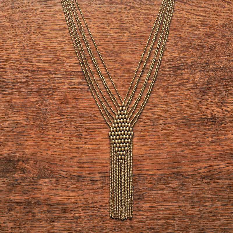 Handmade nickel free pure brass, beaded diamond shaped, long multi strand necklace designed by OMishka.