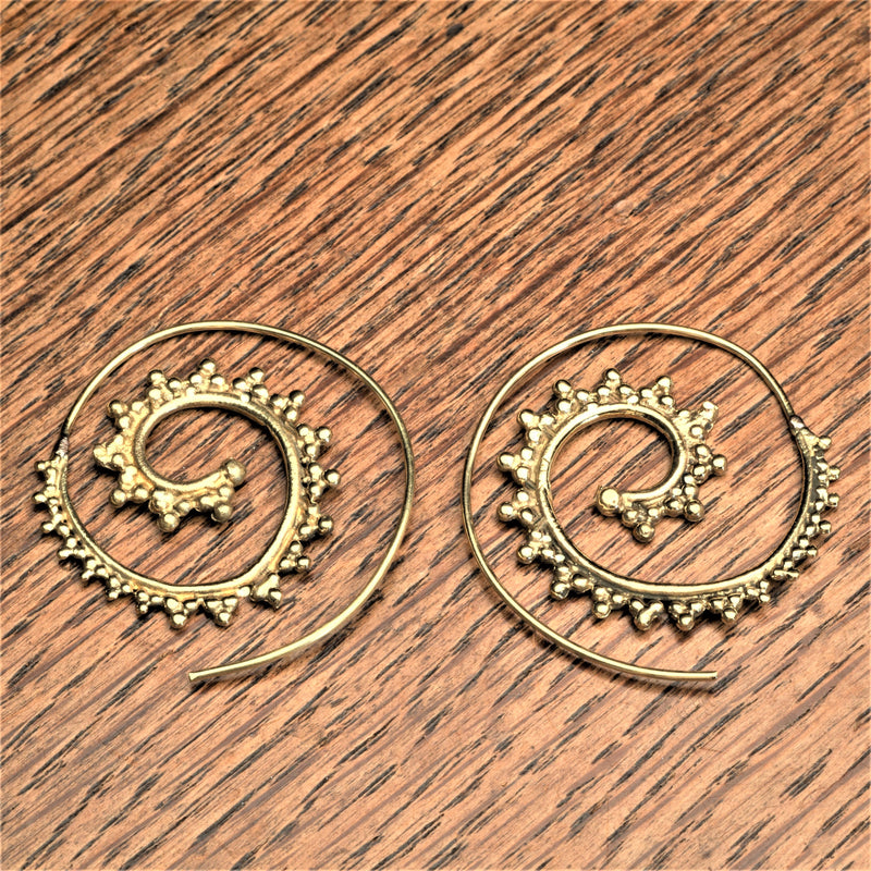 Handmade nickel free pure brass, dot beaded, large spiral hoop earrings designed by OMishka.