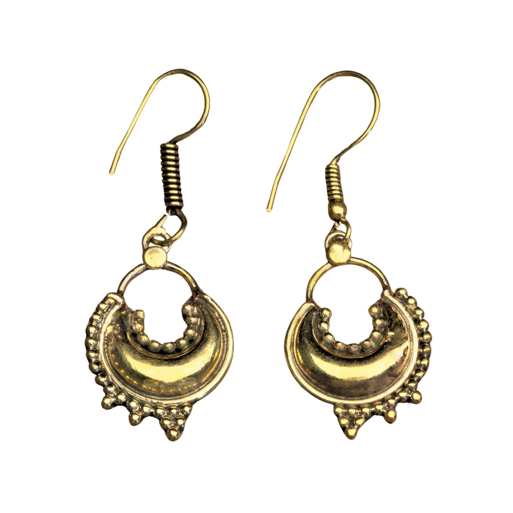 Handmade nickel free pure brass, dotted decorated crescent moon, drop hook earrings designed by OMishka.