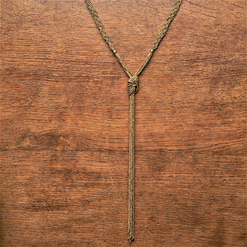 Handmade nickel free pure brass, tiny cube beaded, double braided multi strand, tassel necklace designed by OMishka.