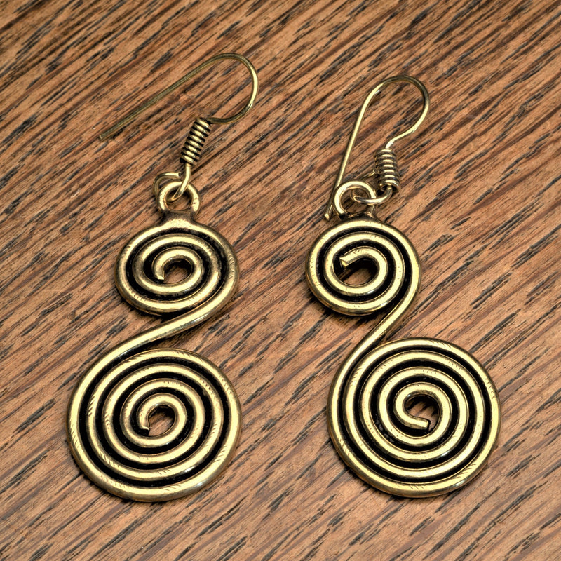Handmade nickel free pure brass, long double spiral drop hook earrings designed by OMishka.