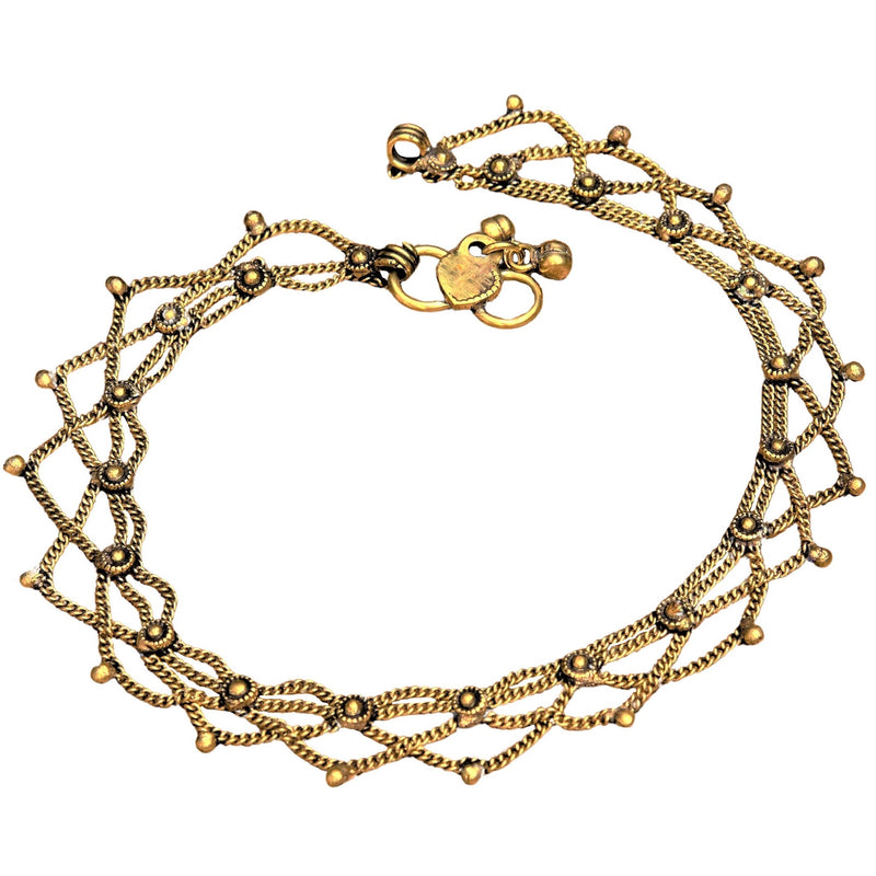 A nickel free, pure brass fancy drop chain anklet with tiny bells designed by OMishka.