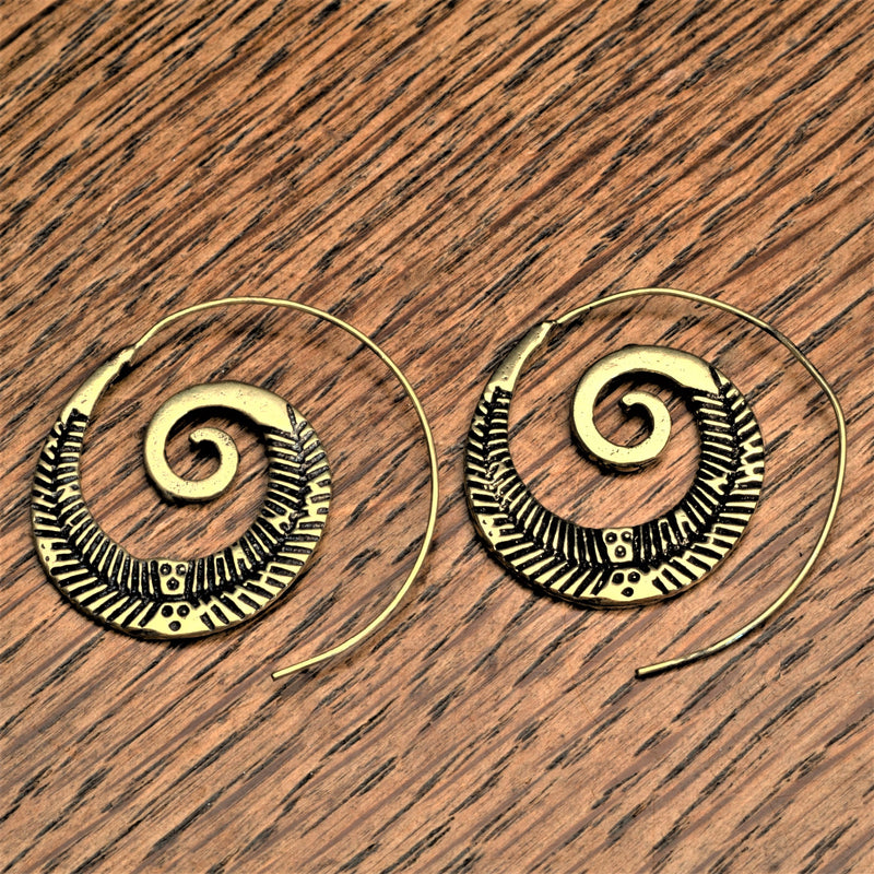 Handmade nickel free pure brass, feather detailed, spiral hoop earrings designed by OMishka.