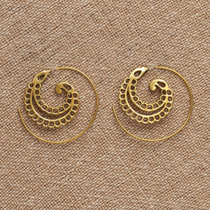 Handmade nickel free pure brass, dainty fern leaf, ear hugging spiral hoop earrings designed by OMishka.