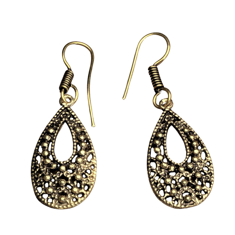 Handmade nickel free pure brass, exquisite filigree tear drop earrings designed by OMishka.