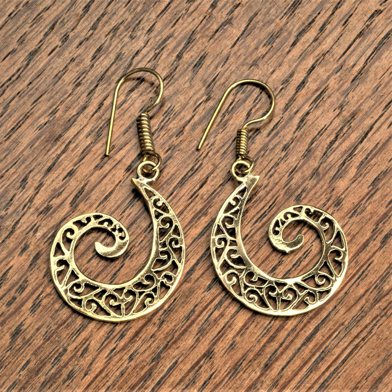 Handmade nickel free pure brass, cut out ivy vine detailed, spiral drop earrings designed by OMishka.