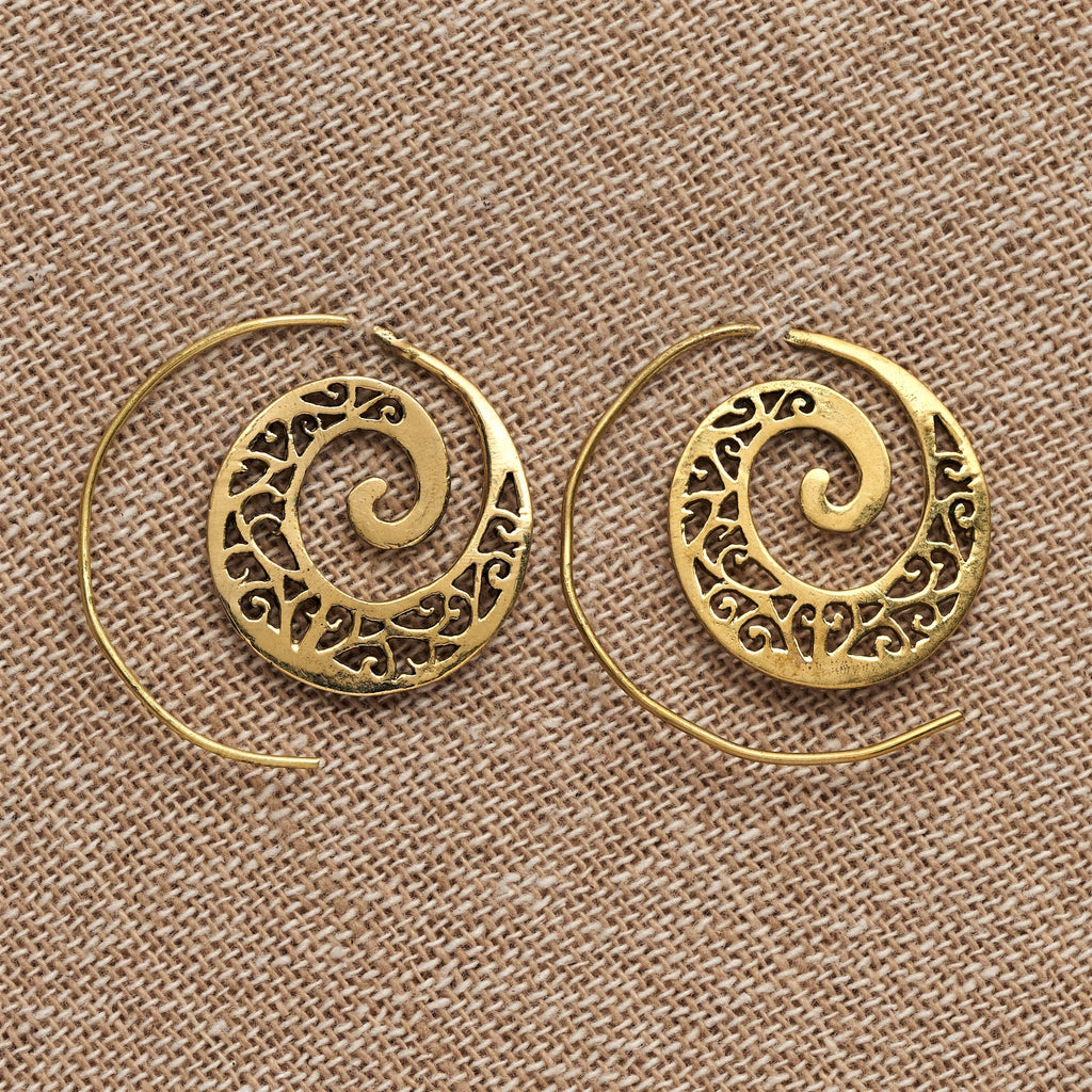 Handmade nickel free pure brass, cut out ivy vine, spiral hoop earrings designed by OMishka.