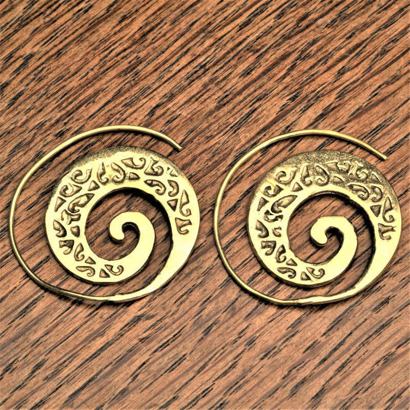 Handmade nickel free pure brass, ivy vine spiral hoop earrings designed by OMishka.