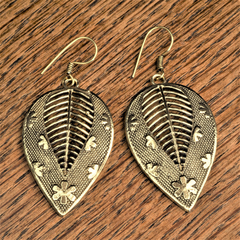 Handmade nickel free pure brass, flower and dot patterned, large leaf drop earrings designed by OMishka.