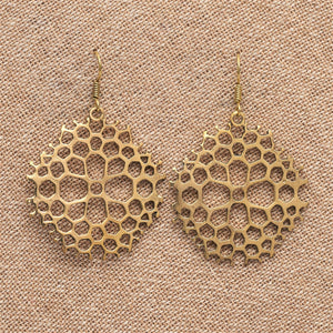Handmade nickel free pure brass, large honeycomb drop earrings designed by OMishka.