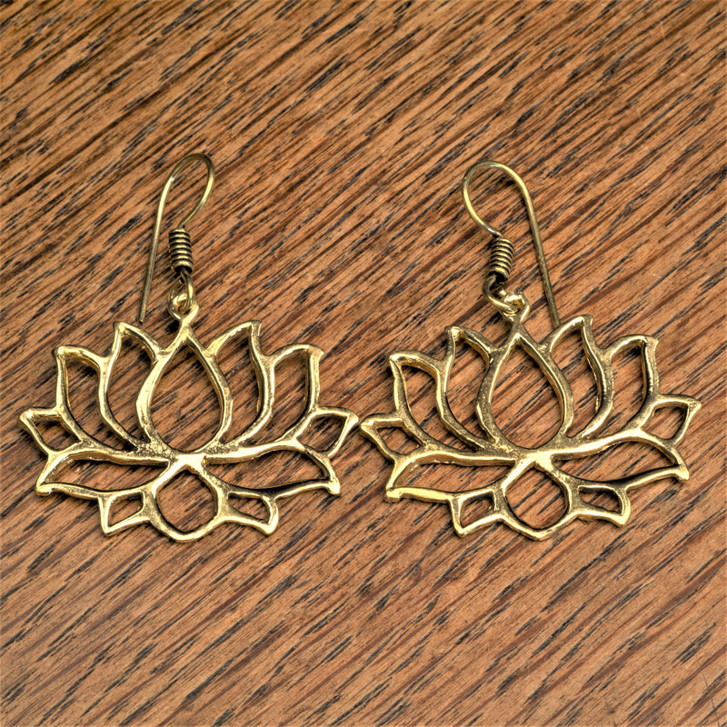 Handmade nickel free pure brass, large open lotus flower, drop hook earrings designed by OMishka.