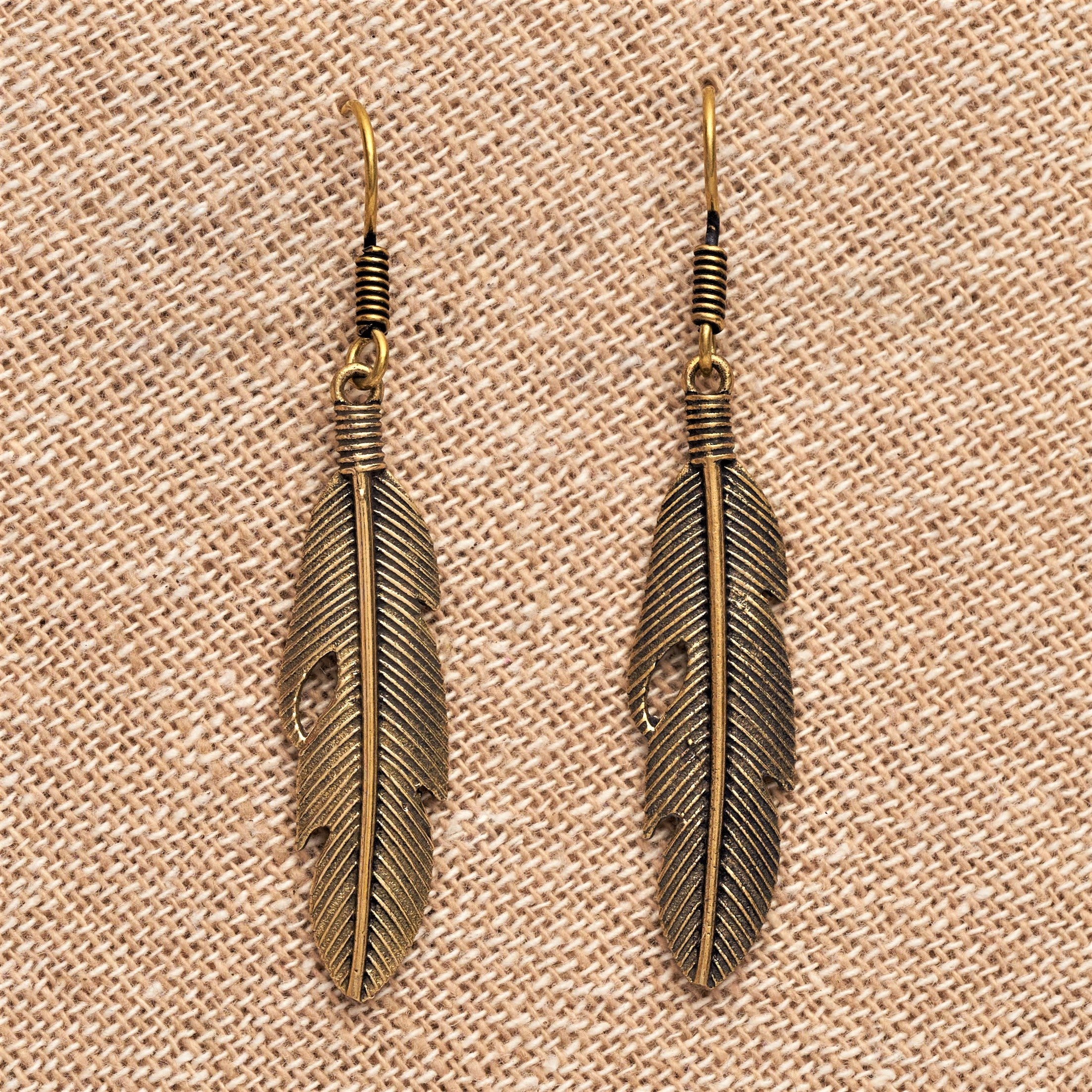 Long Pure Brass Feather Drop Earrings OMishka
