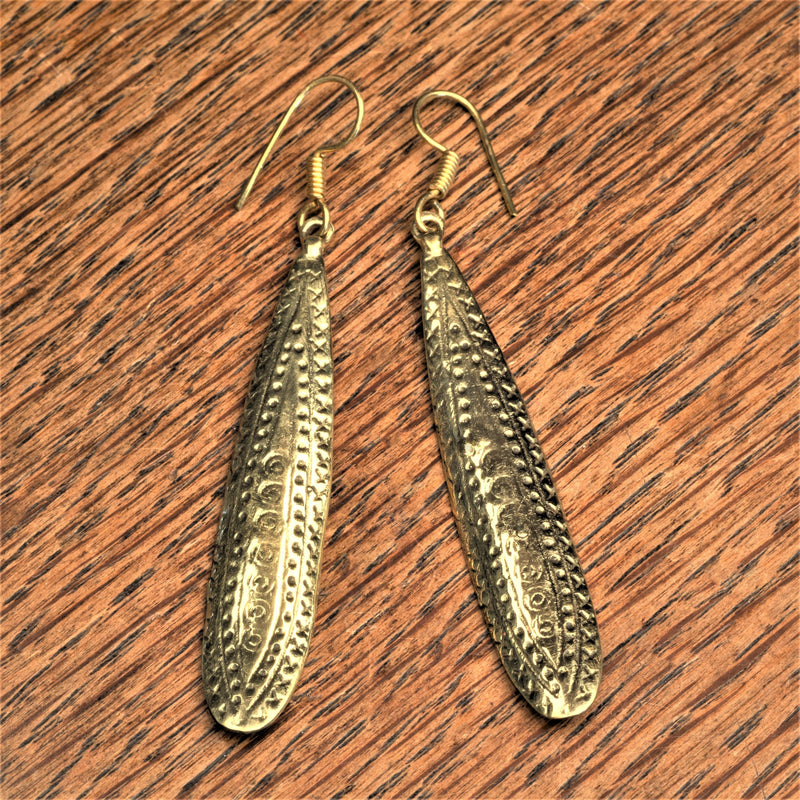 Handmade nickel free pure brass, long patterned shield drop hook earrings designed by OMishka.