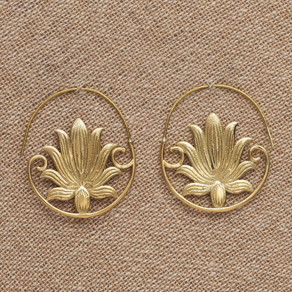 Handmade nickel free pure brass, lotus flower detailed, large half hoop earrings designed by OMishka.