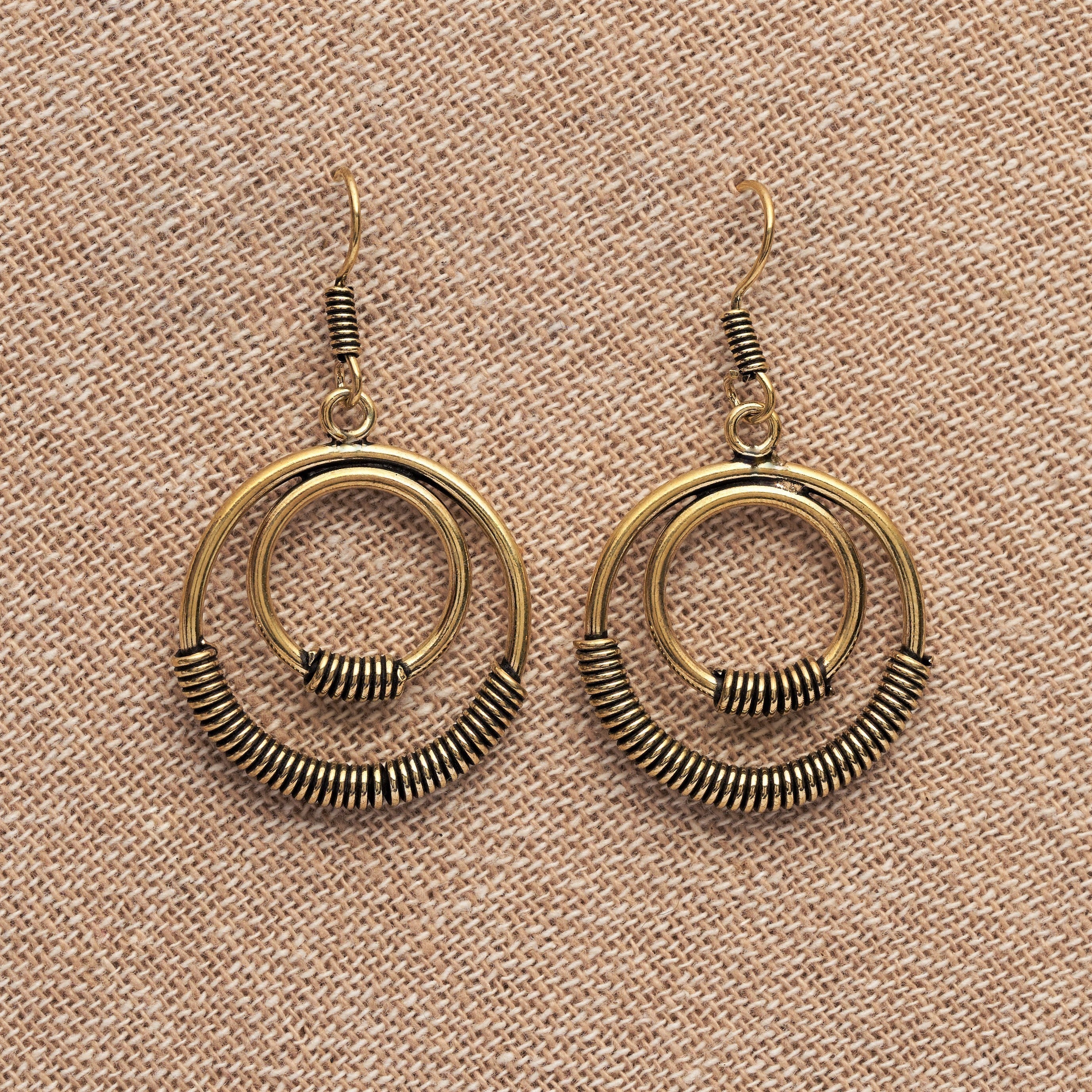 Double Nested Hoop Pure Brass Dangle Earrings - OMishka