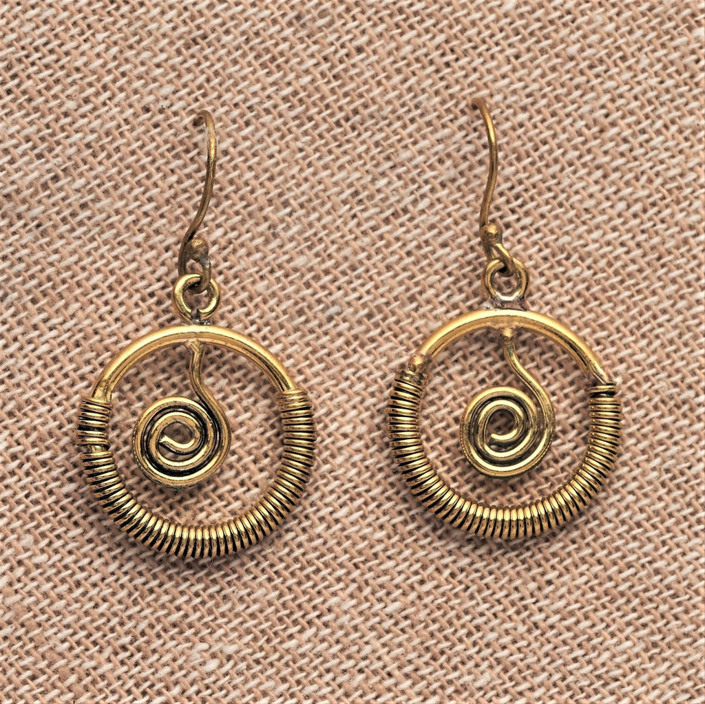 Handmade, nickel free pure brass, open circle and spiral detail, drop hook earrings designed by OMishka.