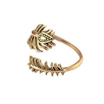 A handmade, nickel free pure brass, dainty peacock feather wrap ring designed by OMishka.
