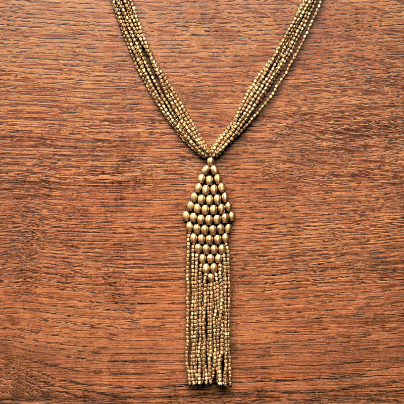 Handmade and nickel free pure brass, beaded rhombus, multi strand tassel necklace designed by OMishka.