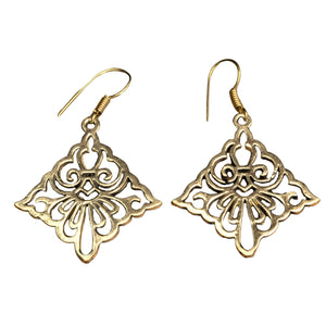 Handmade nickel free pure brass, rhombus shaped, filigree floral cut out dangle earrings designed by OMishka.
