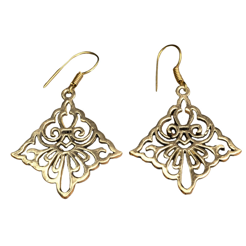Handmade nickel free pure brass, rhombus shaped, filigree floral cut out dangle earrings designed by OMishka.