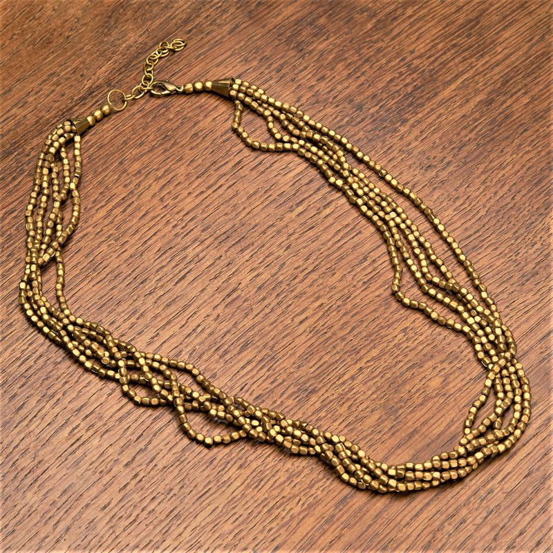 Handmade and nickel free, pure brass, simple and elegant tiny square beaded multi strand necklace designed by OMishka.