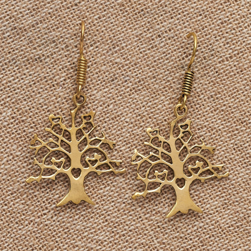 Handmade nickel free pure brass, detailed tree of life, drop hook earrings designed by OMishka.