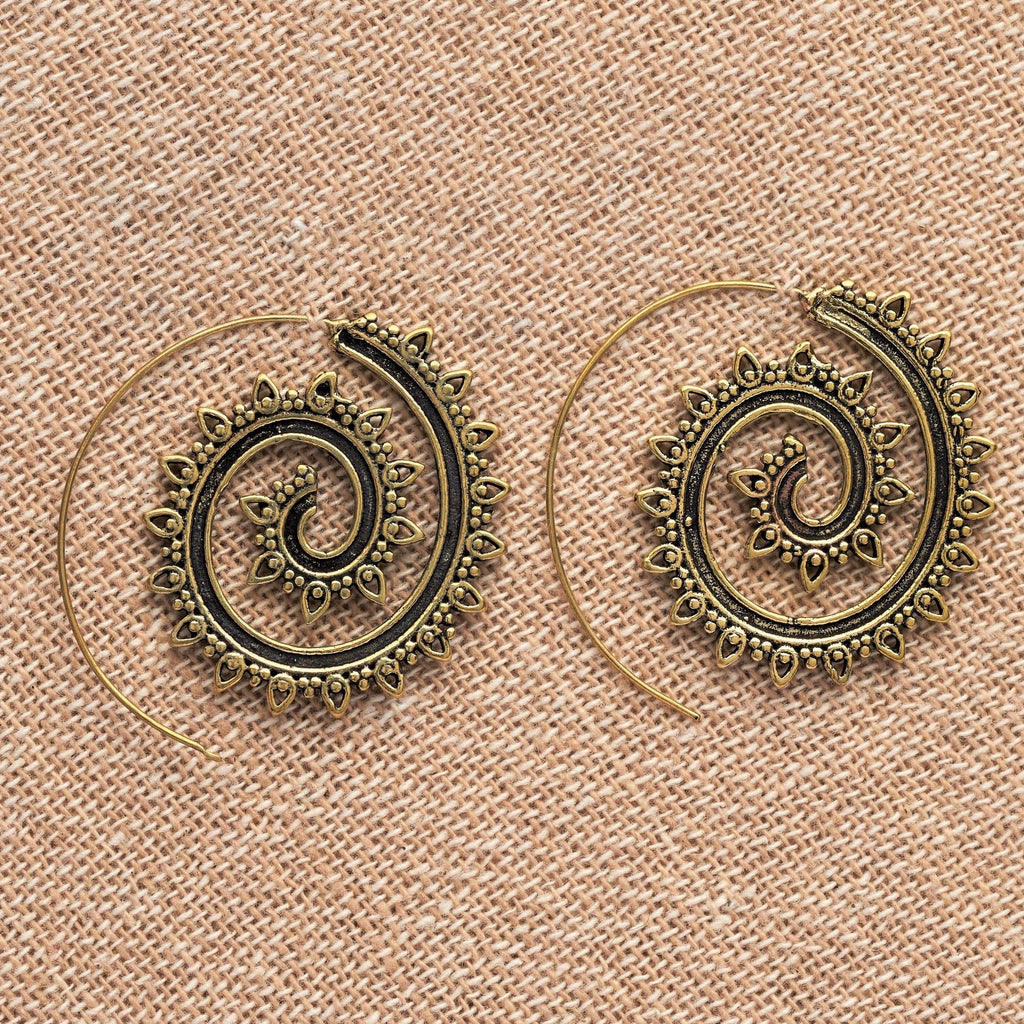 Handmade nickel free pure brass, tribal dotwork decorated, spiral hoop earrings designed by OMishka.