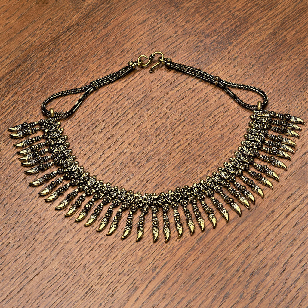 Handmade nickel free pure brass, Banjara Tribe, decorative long spiked, collar necklace designed by OMishka.