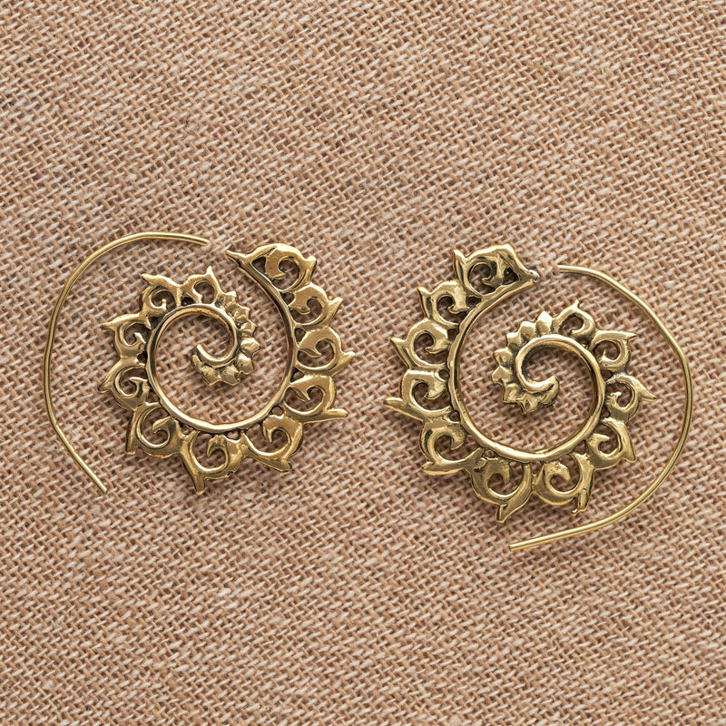 Handmade nickel free pure brass, crested ocean wave detailed spiral hoop earrings designed by OMishka.