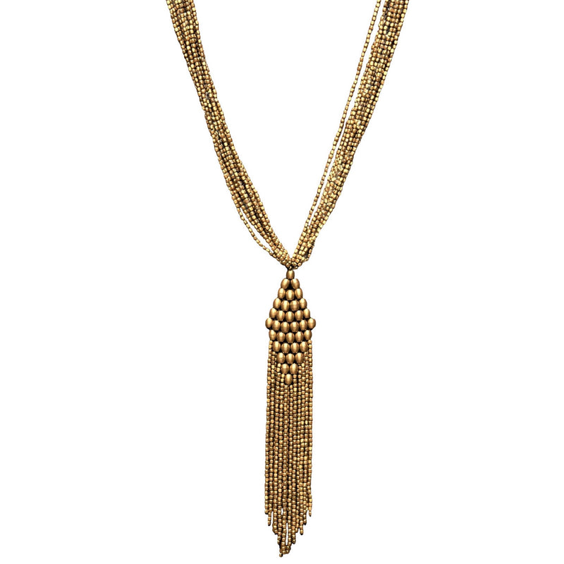 Handmade nickel free pure brass, golden beaded diamond shaped, long drop multi strand necklace designed by OMishka.