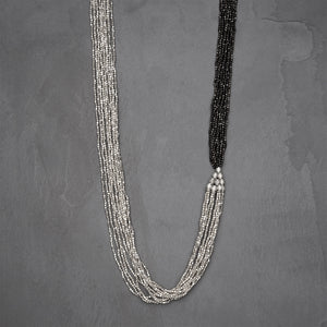 Handmade and nickel free, long, striped silver toned and black brass, beaded multi strand necklace designed by OMishka.