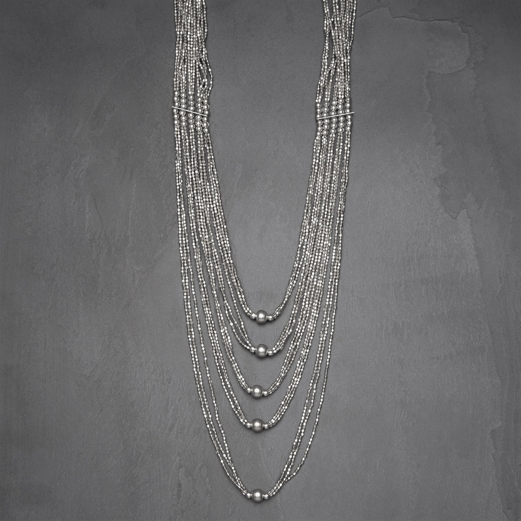 Handmade, nickel free silver, tiny cube and round beaded, chunky, layered multi strand necklace designed by OMishka.