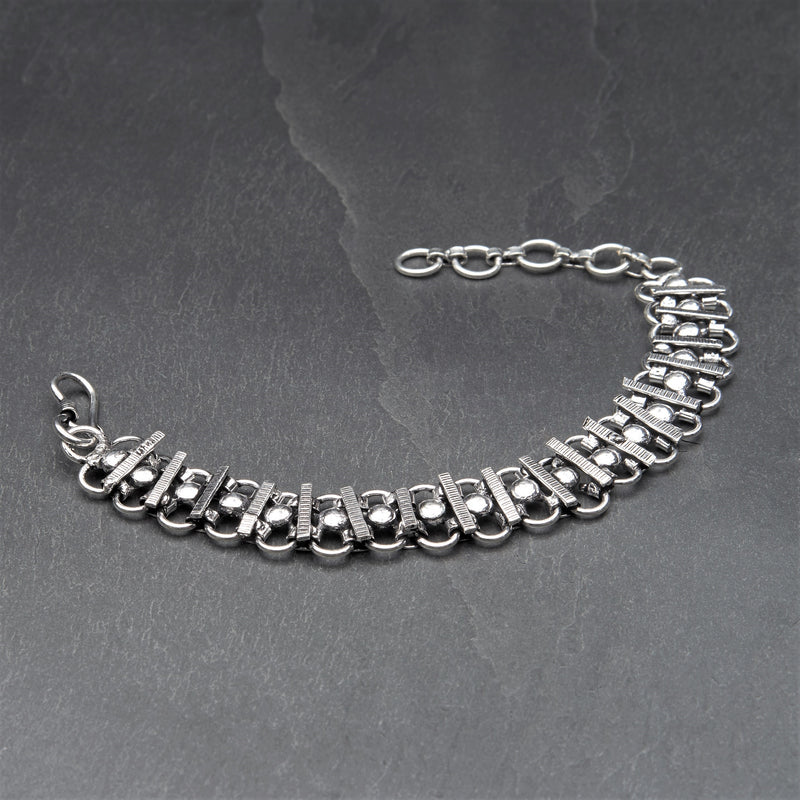 Adjustable, nickel free silver toned brass, decorative beaded infinity link chainmail bracelet designed by OMishka.