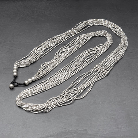 Etched Silver Beaded Multi Strand Necklace