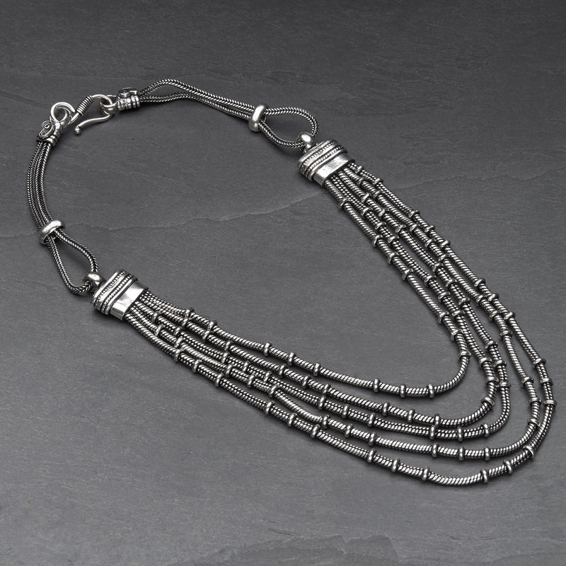 Handmade nickel free silver toned white metal, multi row, subtle disc beaded, snake chain necklace designed by OMishka.