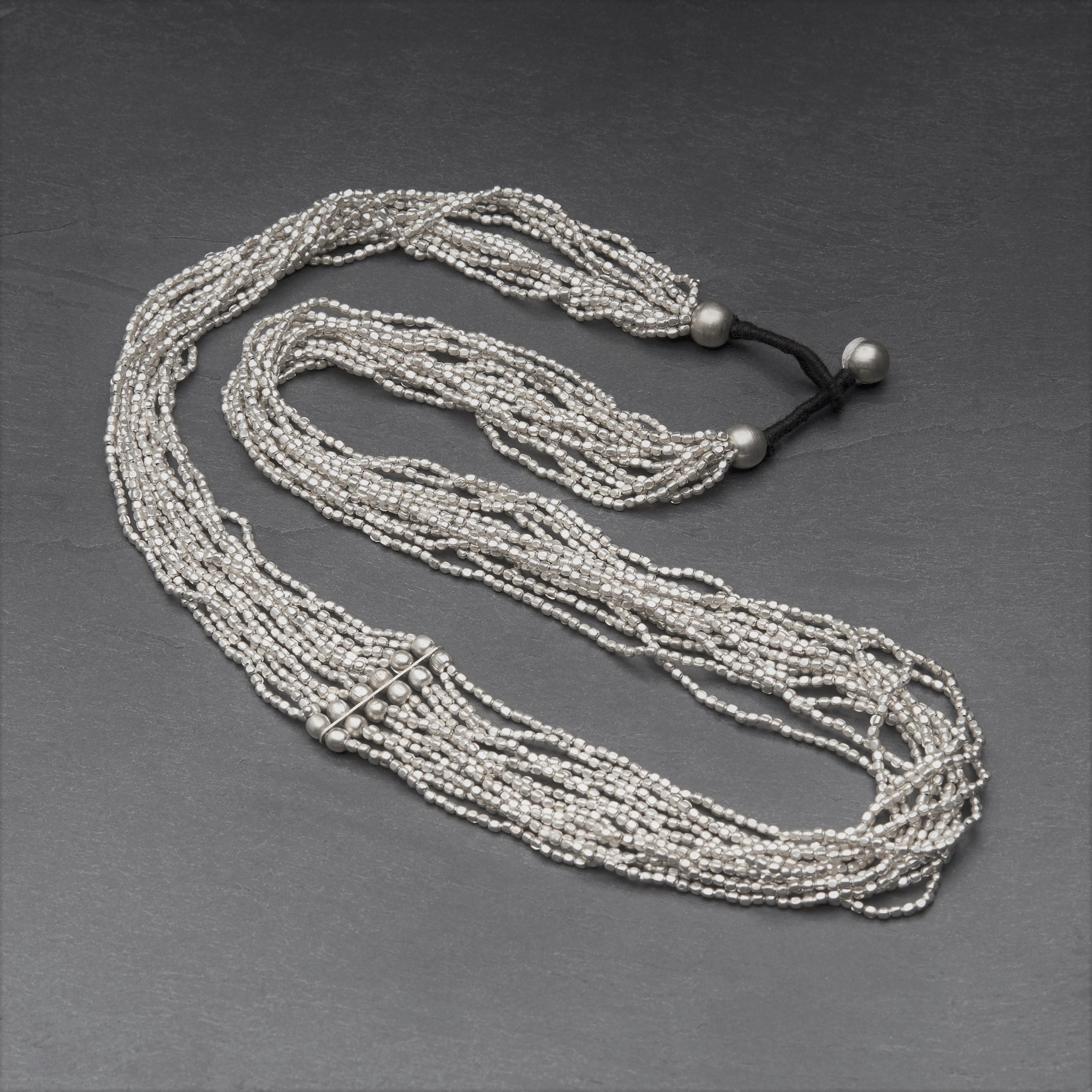 Long Silver Multi Strand Beaded Necklace - OMishka Long Silver Multi Strand Beaded Necklace - OMishka