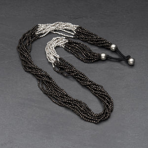 Handmade and nickel free, striped silver toned and black brass, beaded multi strand necklace designed by OMishka.
