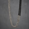 Handmade and nickel free, striped silver toned and black brass beaded, long multi strand necklace designed by OMishka.