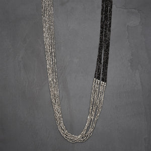 Handmade and nickel free, striped silver toned and black brass beaded, long multi strand necklace designed by OMishka.
