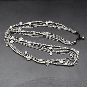 Handmade and nickel free silver, tiny cube and round beaded, mini disc charm, long multi strand necklace designed by OMishka.